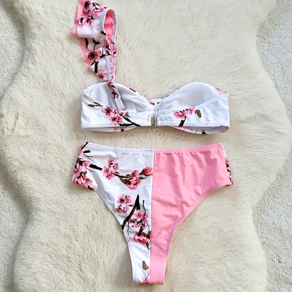 Pink Off Shoulder Ruffle Bandeau High Waist Bikini - Picture 9 of 11